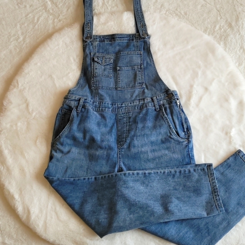 Free People Blue Jean Denim Button Strap Relaxed Overalls Size 31